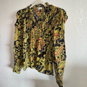 Jennifer & Grace Anthro Boho Puff Sleeve Yoked Tie Neck Blouse Yellow Black S